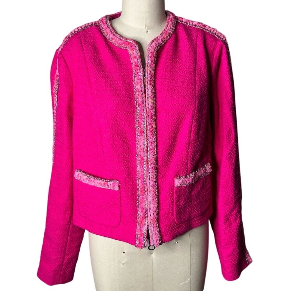 Cabi Hot Pink Ballroom Jacket Style 6466 Metallic Braided Trim Size L Tweed